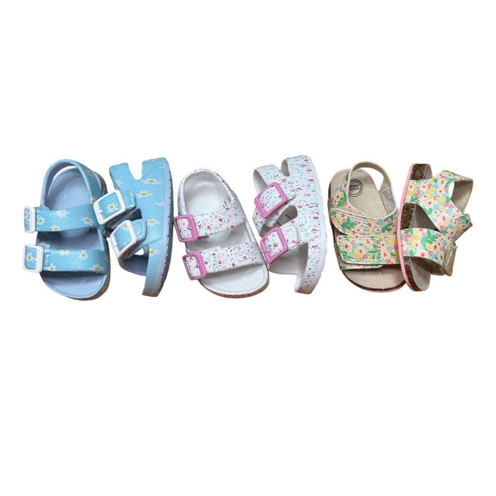 Wonder Nation Infant Girls Floral Sandals Bundle 3 Pairs Size‎ 2 Blue White Pink